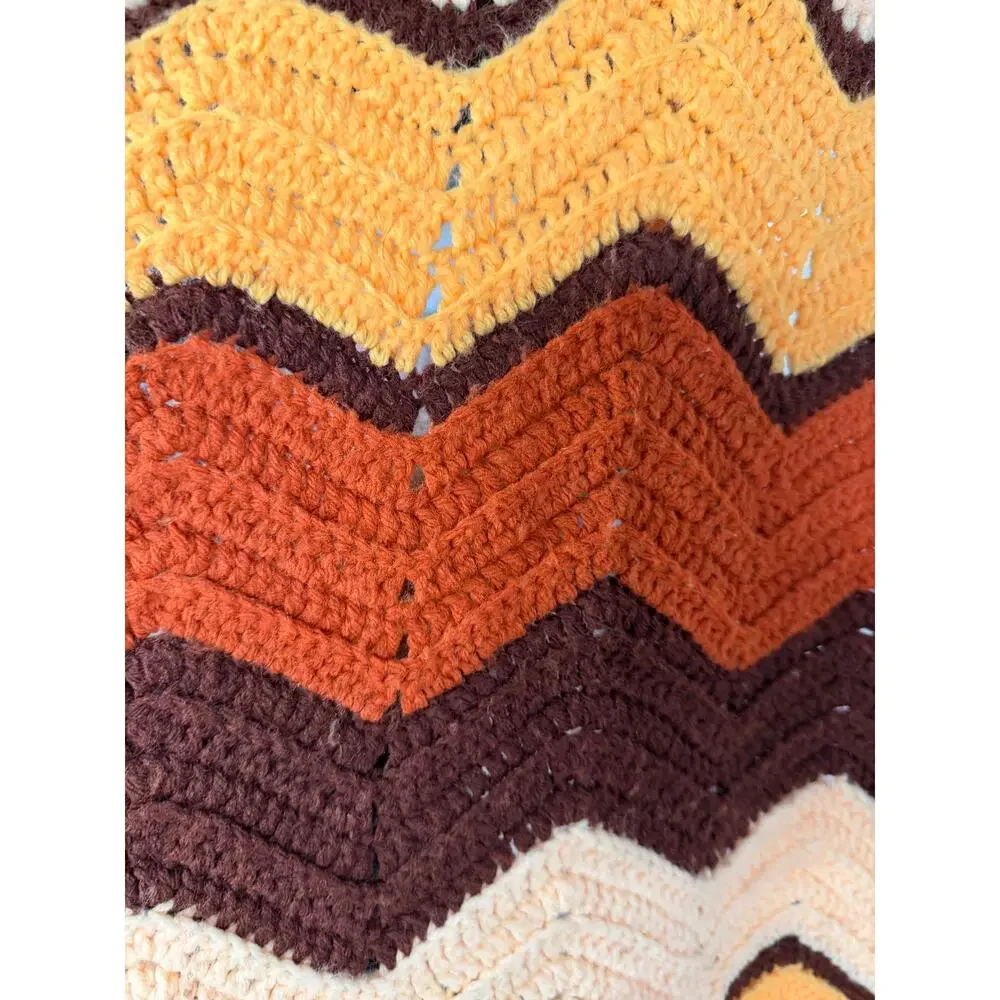 Handmade Crochet Afghan Throw Blanket 62x45 Chevron Ripple Fall Autumn Retro 70s